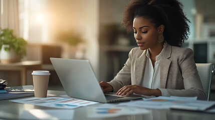 A woman is sitting at a desk with a laptop and a cup of coffee