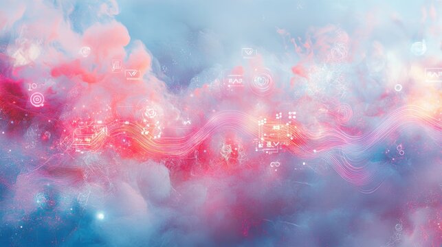 Abstract background with colorful clouds and glowing icons.