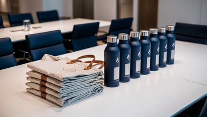 Stylish water bottles arranged on a conference table with eco-friendly bags, modern office environment