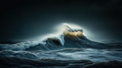 A large wave crashes in the ocean during a stormy night, illuminated by the light of the moon.
