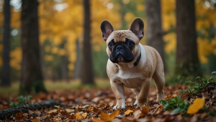 Naklejka premium Purebred French bulldog puppy exploring an autumn forest.