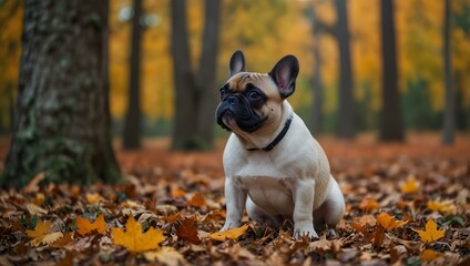 Naklejka premium Purebred French bulldog puppy exploring an autumn forest.