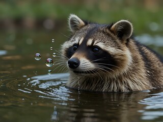 Raccoon playing in water with bubbles, cute and playful.