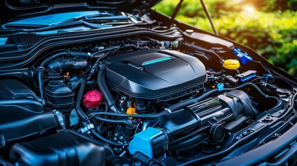 Fototapeta premium Unique Hybrid Engine Components in Engine Bay