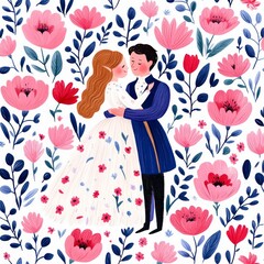 A couple embraces amidst a floral background, symbolizing love and celebration.
