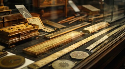 Antique measuring instruments displayed in a museum showcase craftsmanship and innovation of the past