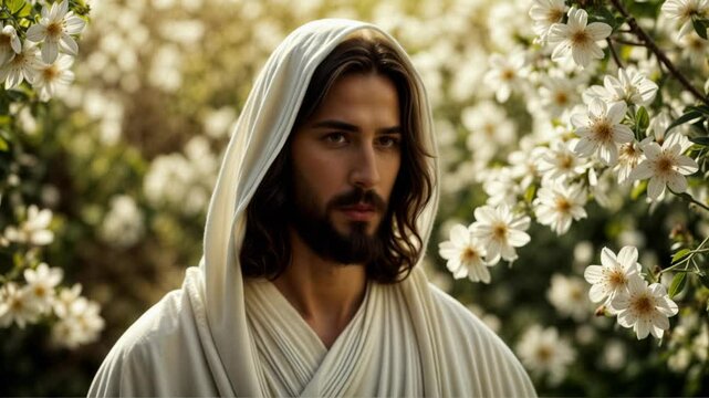Jesus Christ in white robes surrounded by blooming whiite flowers, peaceful and spiritual outdoor scene