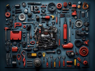 Fototapeta premium Car Engine Parts in a Mechanics Workspace