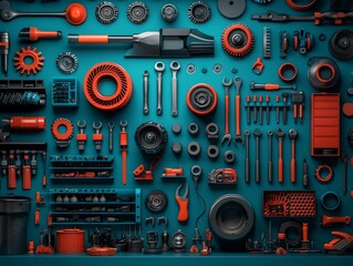Mechanic Workspace with Car Engine Parts and Tools