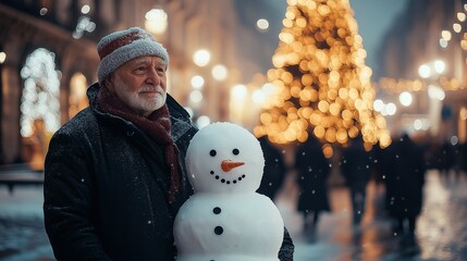 an elderly man is standing next to a traditional snowman in the city square, the streets are lined...