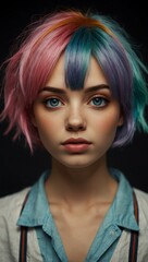 Fototapeta premium Set of retro anime-style female characters with colorful hair.