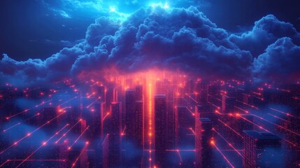Futuristic city skyline illuminated by neon lights and glowing clouds