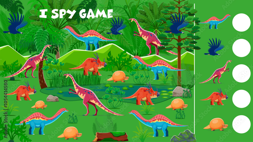 Poster prehistoric dinosaurs i spy game worksheet for kids. vector riddle task with cartoon dino characters