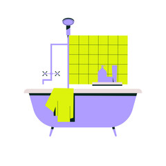 Bathtub with towel and toiletries in flat vector illustration symbolizing home interior, bathroom essentials, and hygiene, isolated on white background.