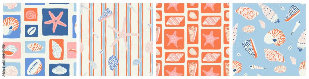Poster retro hand drawn seashell mosaic seamless pattern set. tropical summer background illustration. vint