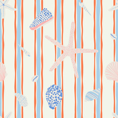 Stoffe zum Nähen Retro hand drawn seashell seamless pattern. Tropical summer background illustration. Vintage marine nature print. Shell animal wallpaper texture.