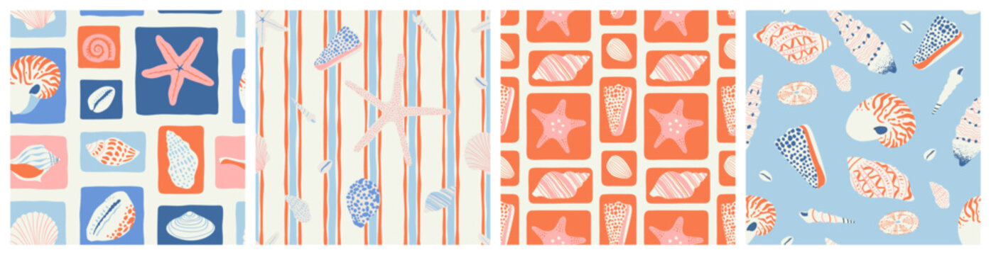 Retro hand drawn seashell mosaic seamless pattern set. Tropical summer background illustration. Vintage marine nature print. Patchwork style shell animal wallpaper texture collection.