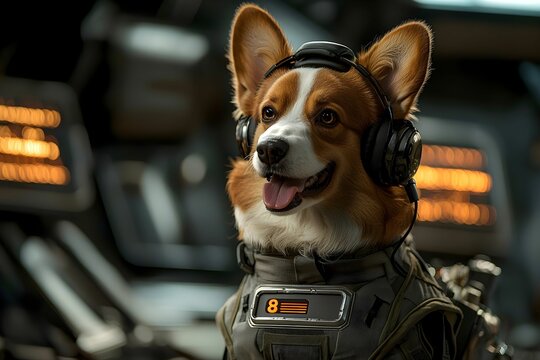 Corgi in a space-themed outfit with headphones on a spaceship