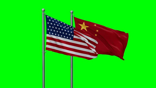 China and USA flags flying together, video concept of the relationship with colored chroma key for easy background remove