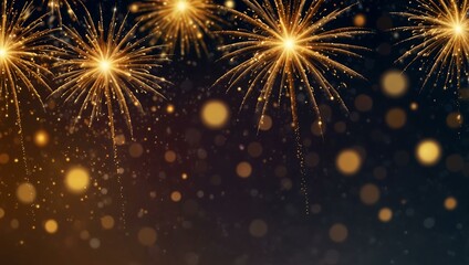 Obraz premium Sparkling festive background with golden fireworks and bokeh lights.