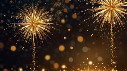 Fototapeta premium Sparkling festive background with golden fireworks and bokeh lights.
