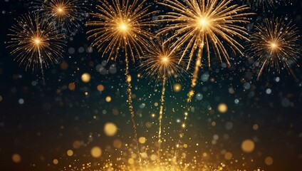 Obraz premium Sparkling festive background with golden fireworks and bokeh lights.