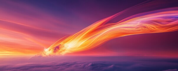 Obraz premium Vibrant sunset sky with swirling clouds, ethereal landscape. Dreamy nature and tranquility concept