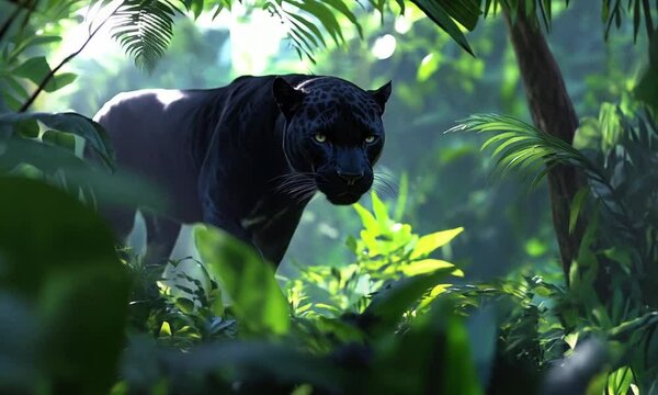 A black panther prowls through a lush, green jungle, showcasing its stealth and beauty in nature.