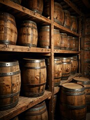 Storage racks filled with old wooden barrels.