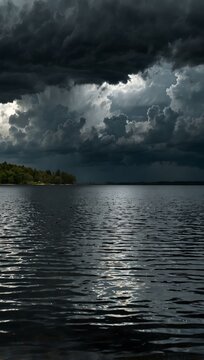 Storm clouds rolling over a calm lake, creating dramatic contrast.