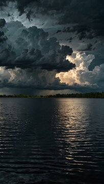 Storm clouds rolling over a calm lake, creating dramatic contrast.