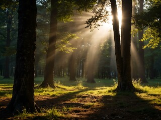 Obraz premium Sunlight through trees in a blurred background