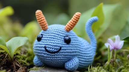 Fototapeta premium This whimsical blue crochet slug plush, with playful orange antennae, embodies joyous creativity, nestled among lush green leaves and delicate blossoms.