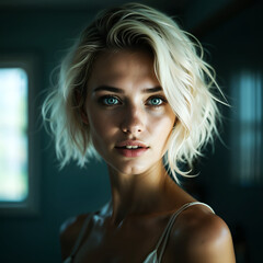 blonde girl with focus on face and neutral background