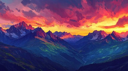 Fototapeta premium A dramatic, colorful sunset illuminates a mountain range with snow-capped peaks.