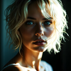 blonde girl with focus on face and neutral background