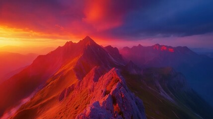 A breathtaking sunset over a mountain range, with vibrant colors painting the sky and peaks.