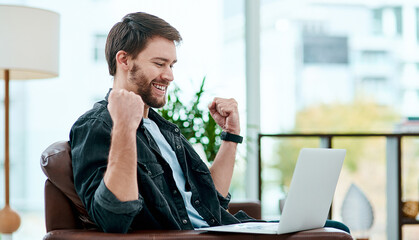 Man, office and celebrate success on laptop, fist pump and excited for promotion or salary...