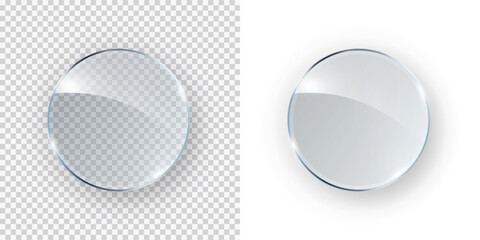 Glass, acrylic or plastic circle badge isolated on transparent and white backgrounds. Reflection 3d button, glare mirror. Vector glossy round element design