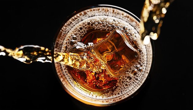 Glass of whiskey with ice top view