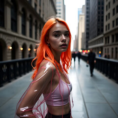 A woman with orange hair posing for a photoshoot on the street