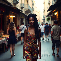 An African woman walking down the street in African clothing