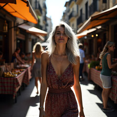 A blonde woman walking through the city streets