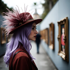 A woman with pink hair and a hat looking at paintings in a gallery