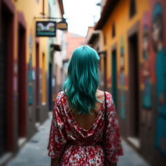 A woman with green hair walking through the streets of Mexico