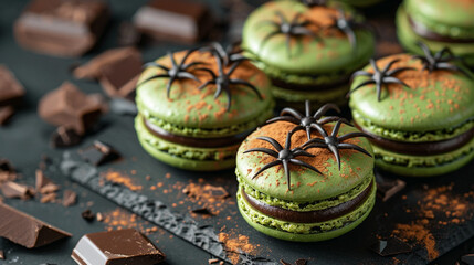 A close-up of eerie green matcha macarons, filled with dark chocolate ganache, topped with tiny edible candy spiders, placed on a black slate board surrounded by shattered dark cocoa pieces.