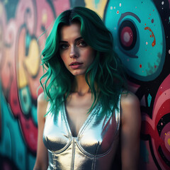 Young Woman with Vibrant Green Hair in Colorful Urban Setting