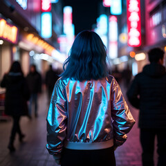 Woman with Metallic Jacket in Neon-Lit Urban Street at Night