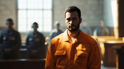 A prisoner standing in the courtroom, awaiting the verdict he will receive, surrounded by the jury and police officers who are monitoring him.
