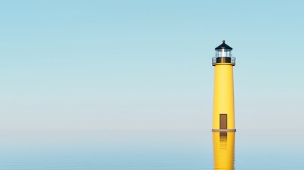 Lighthouse glowing in the distance, guiding shadowed ships through flat, calm waters with a subtle light blue sky backdrop.